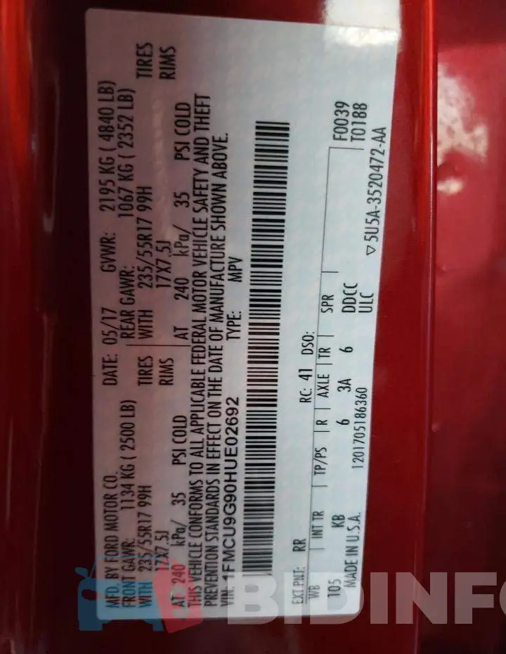 1FMCU9G90HUE02692 Photo# 10