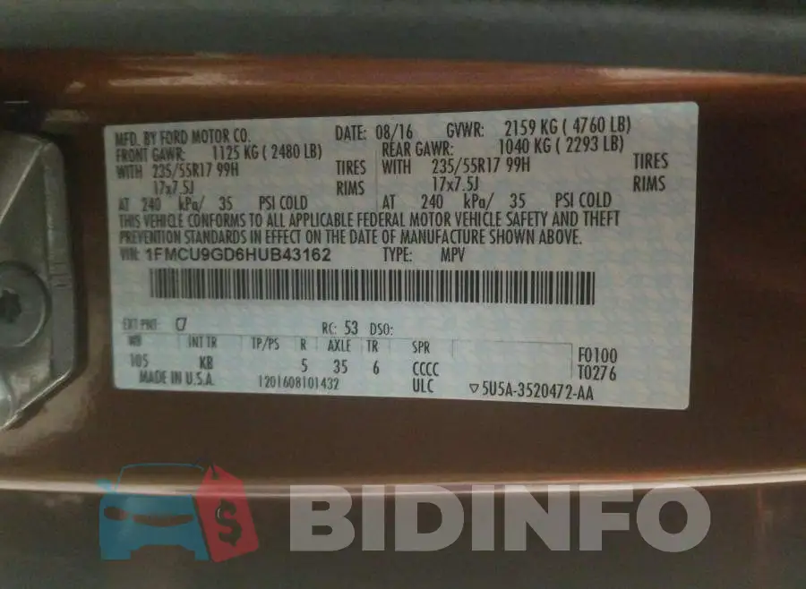 1FMCU9GD6HUB43162 Photo# 10
