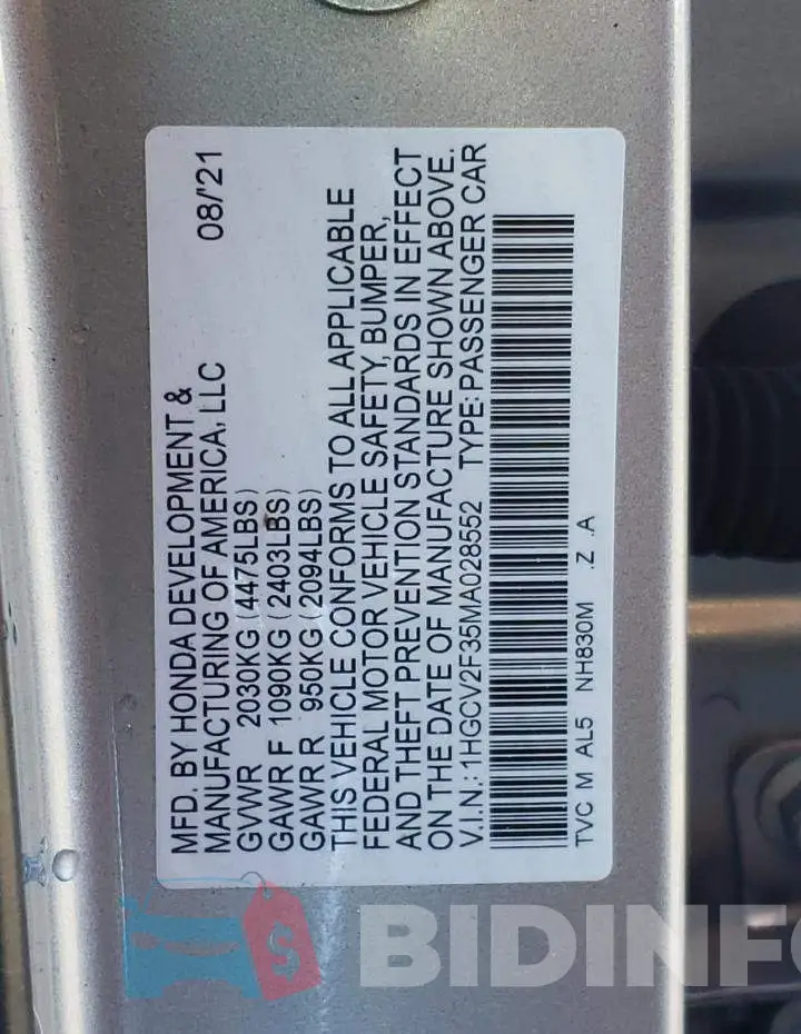 1HGCV2F35MA028552 Photo# 10