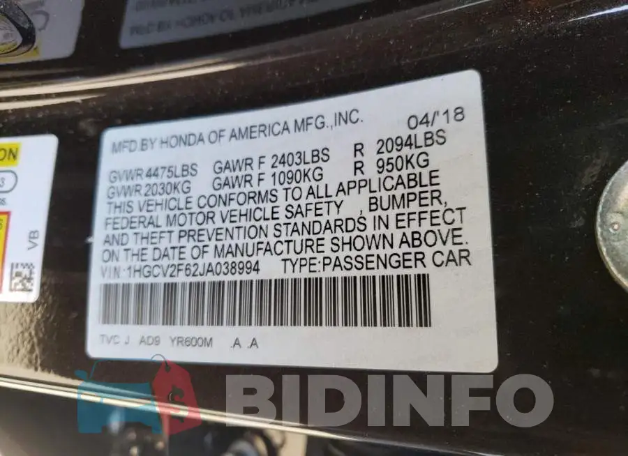 1HGCV2F62JA038994 Photo# 10