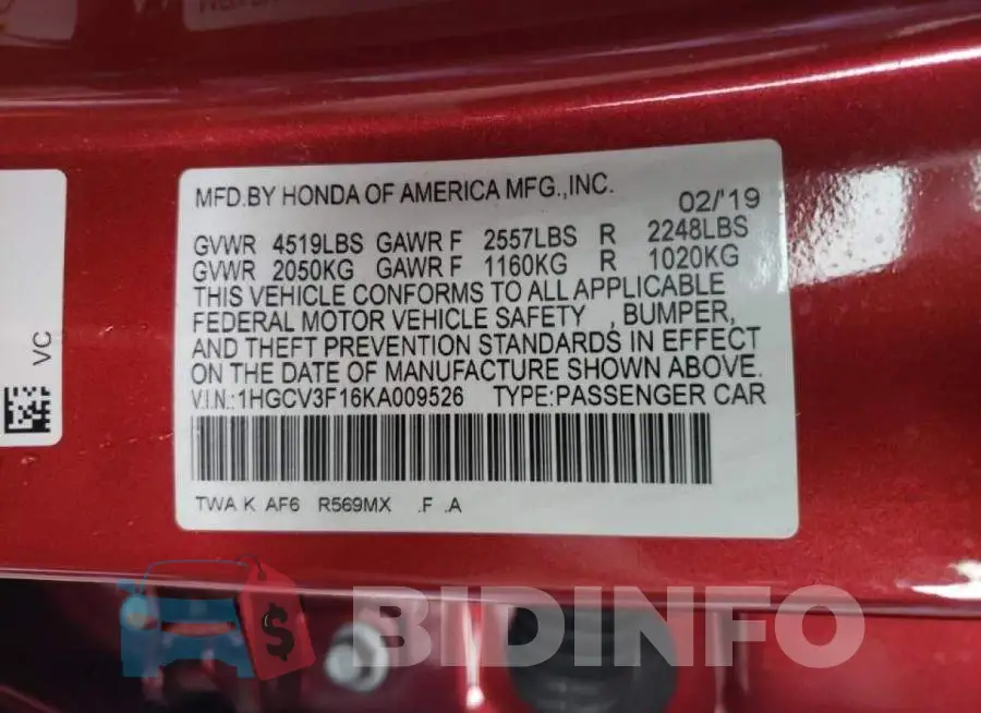 1HGCV3F16KA009526 Photo# 10