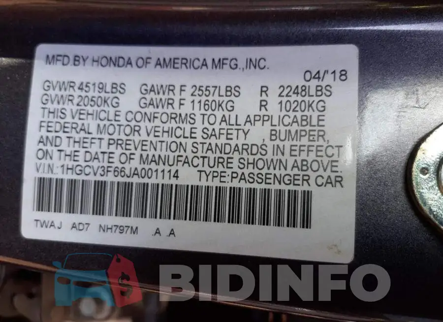 1HGCV3F66JA001114 Photo# 10
