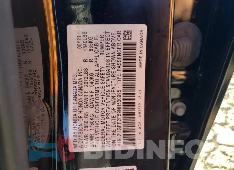 2HGFE2F59NH500995 Photo# 10