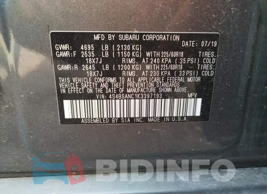 4S4BSANC1K3397193 Photo# 10