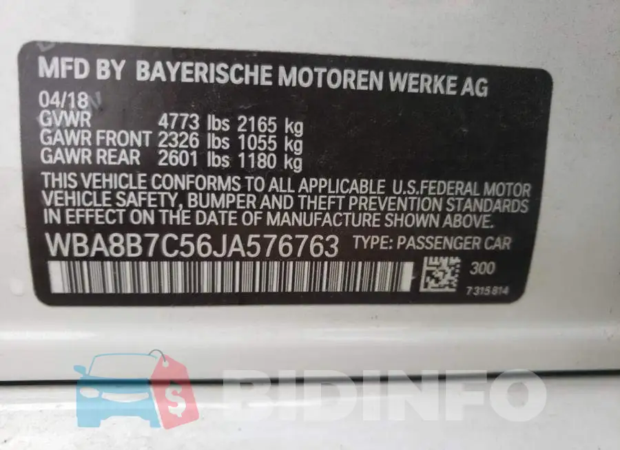 WBA8B7C56JA576763 Photo# 10