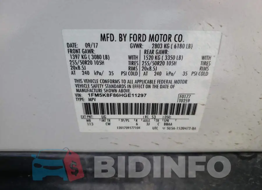 1FM5K8F86HGE11297 Photo# 10