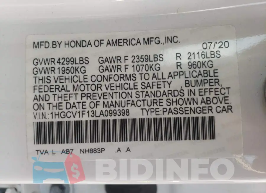 1HGCV1F13LA099398 Photo# 10