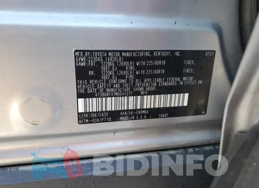 4T3B6RFV1MU044217 Photo# 10