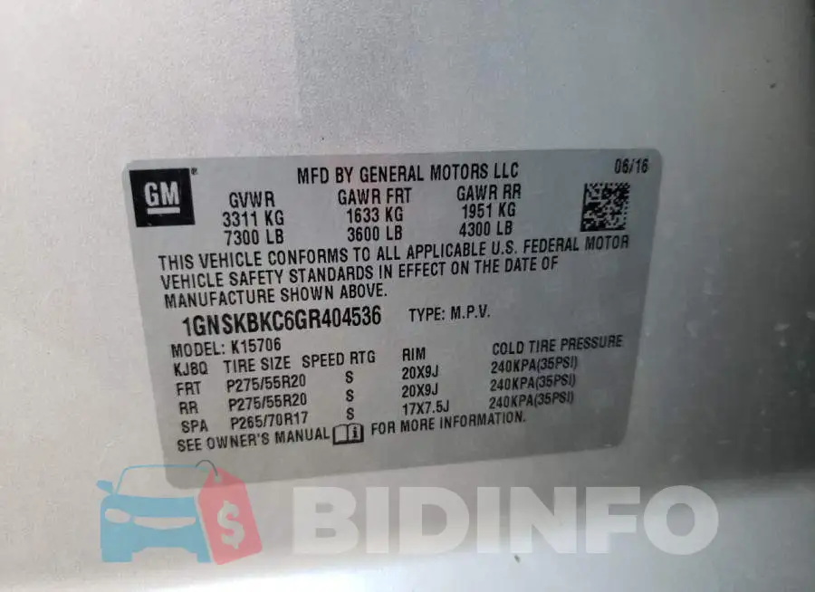 1GNSKBKC6GR404536 Photo# 10