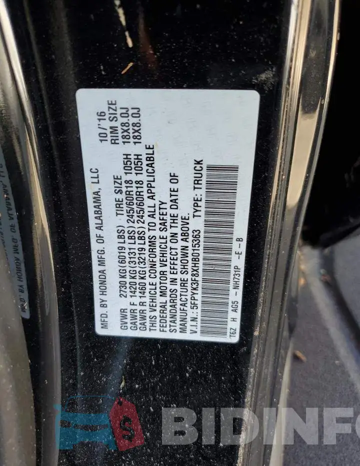 5FPYK3F8XHB015363 Photo# 10
