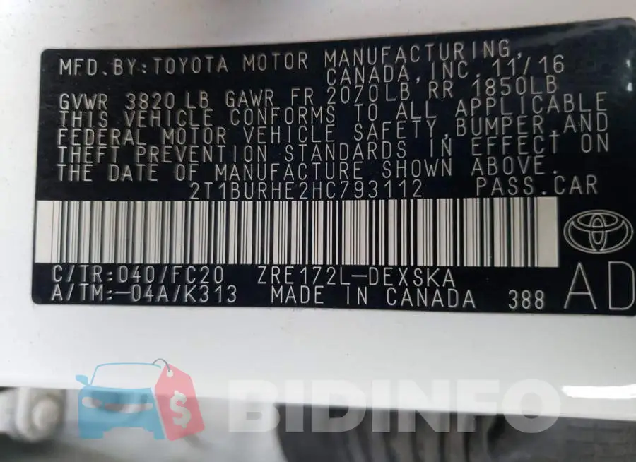 2T1BURHE2HC793112 Photo# 10
