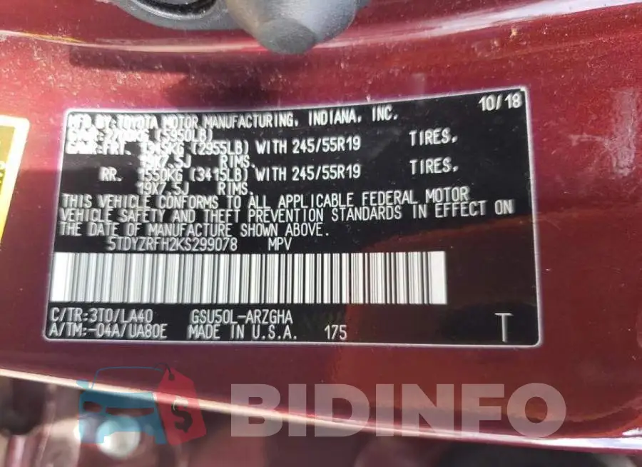 5TDYZRFH2KS299078 Photo# 10