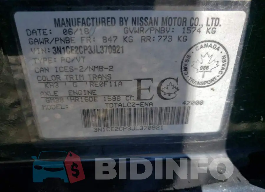 3N1CE2CP3JL370921 Photo# 10