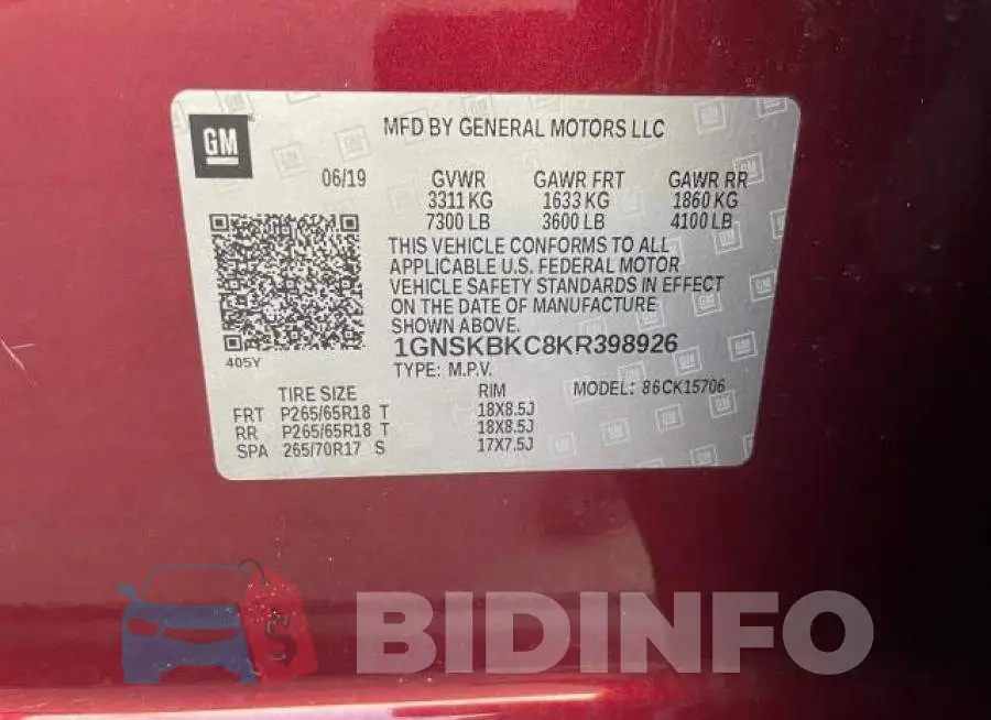 1GNSKBKC8KR398926 Photo# 10