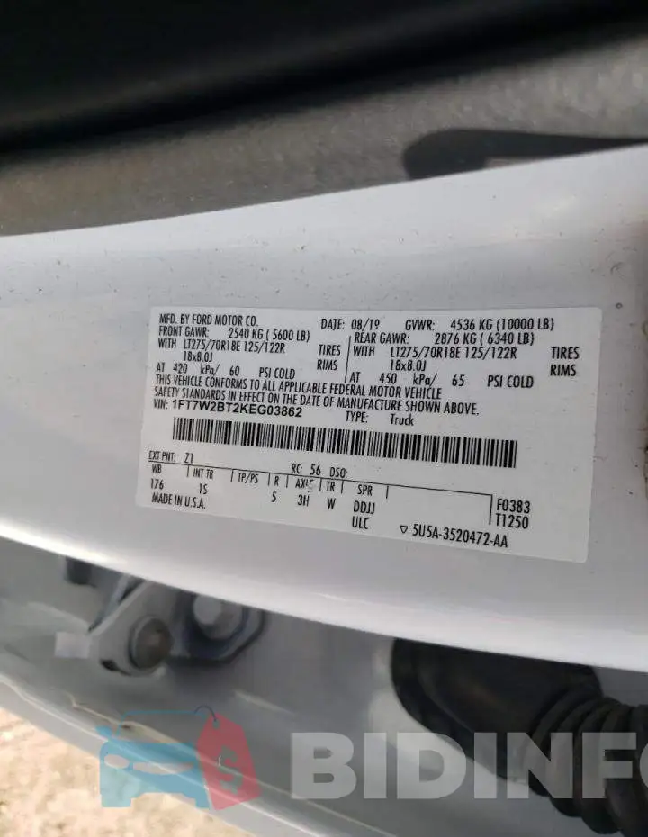 1FT7W2BT2KEG03862 Photo# 10