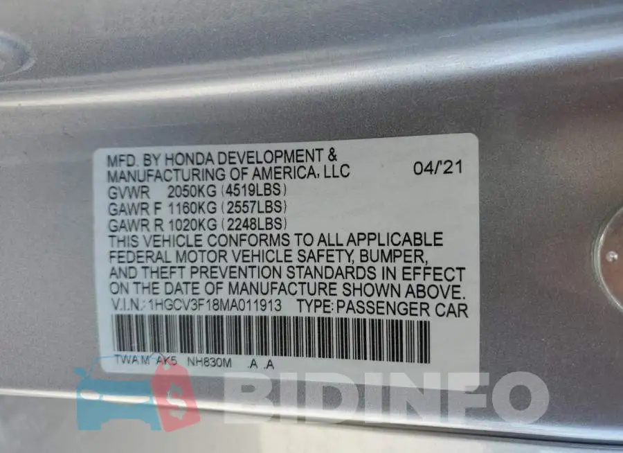 1HGCV3F18MA011913 Photo# 10