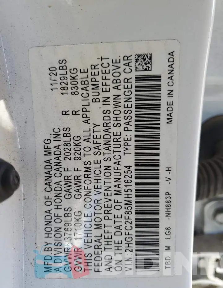 2HGFC2F85MH516254 Photo# 12