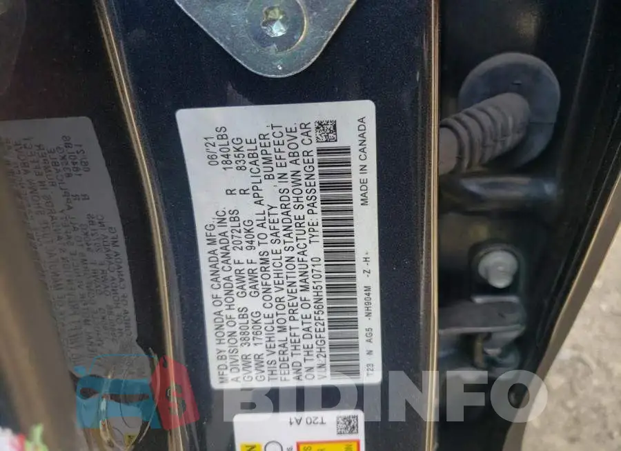 2HGFE2F56NH510710 Photo# 10