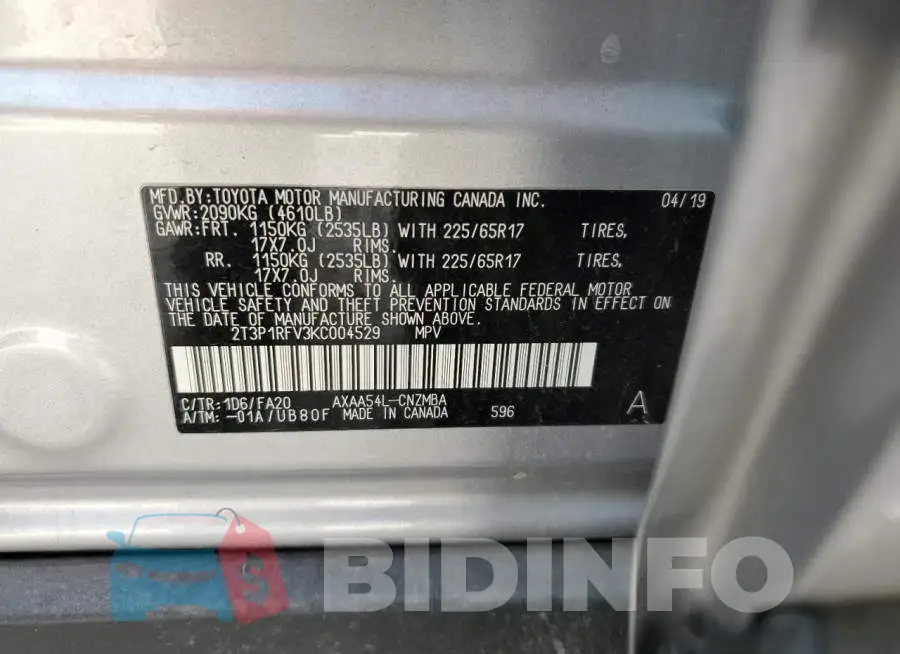 2T3P1RFV3KC004529 Photo# 13