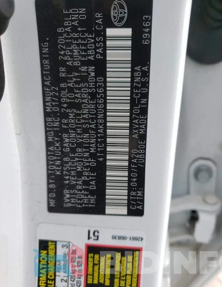 4T1C11AK8NU665630 Photo# 13
