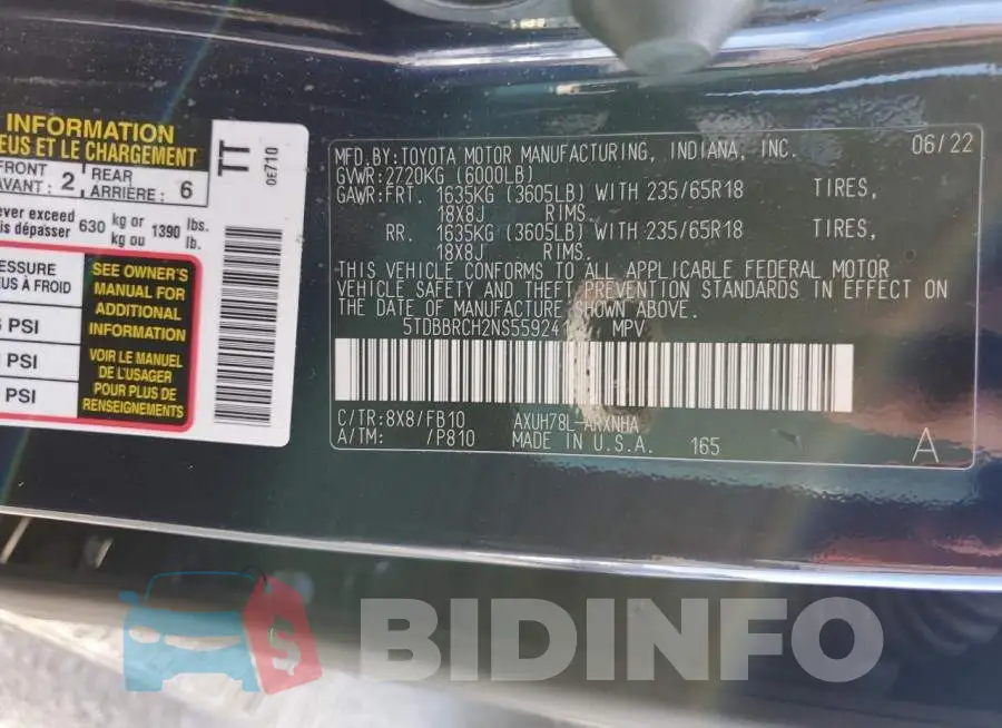 5TDBBRCH2NS559241 Photo# 10
