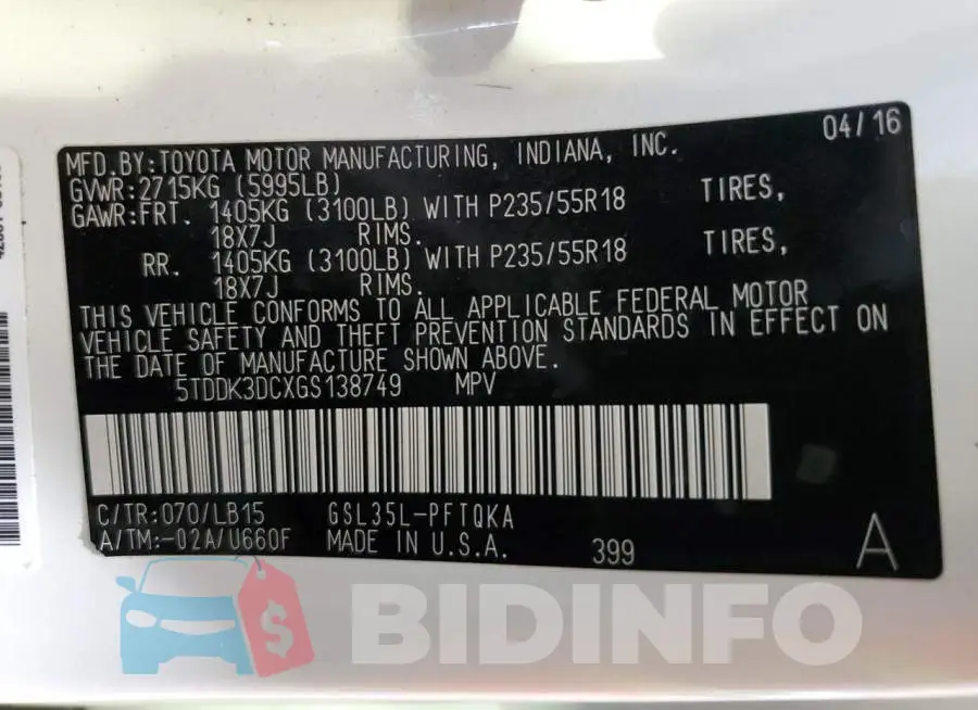 5TDDK3DCXGS138749 Photo# 10