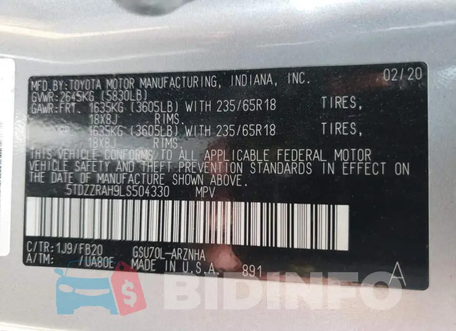5TDZZRAH9LS504330 Photo# 10
