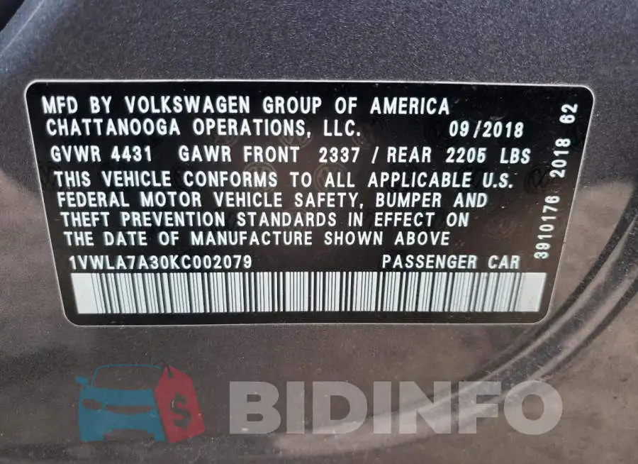 1VWLA7A30KC002079 Photo# 10