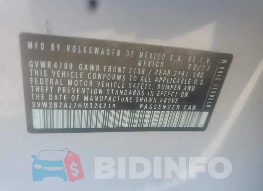 3VW2B7AJ7HM324216 Photo# 10