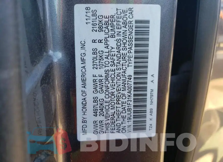 19UUB1F31KA007749 Photo# 10