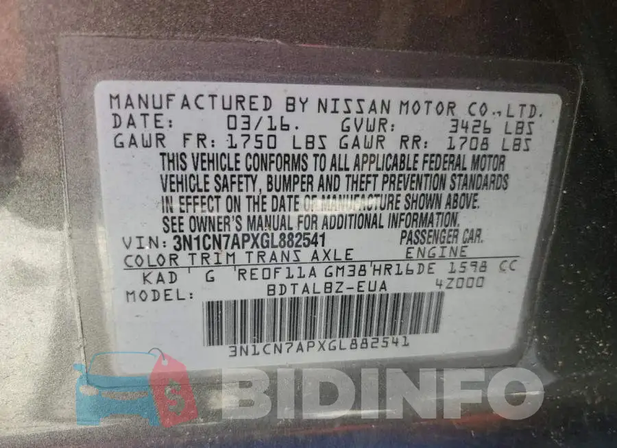 3N1CN7APXGL882541 Photo# 10