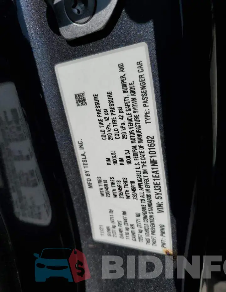 5YJ3E1EA1NF101692 Photo# 10