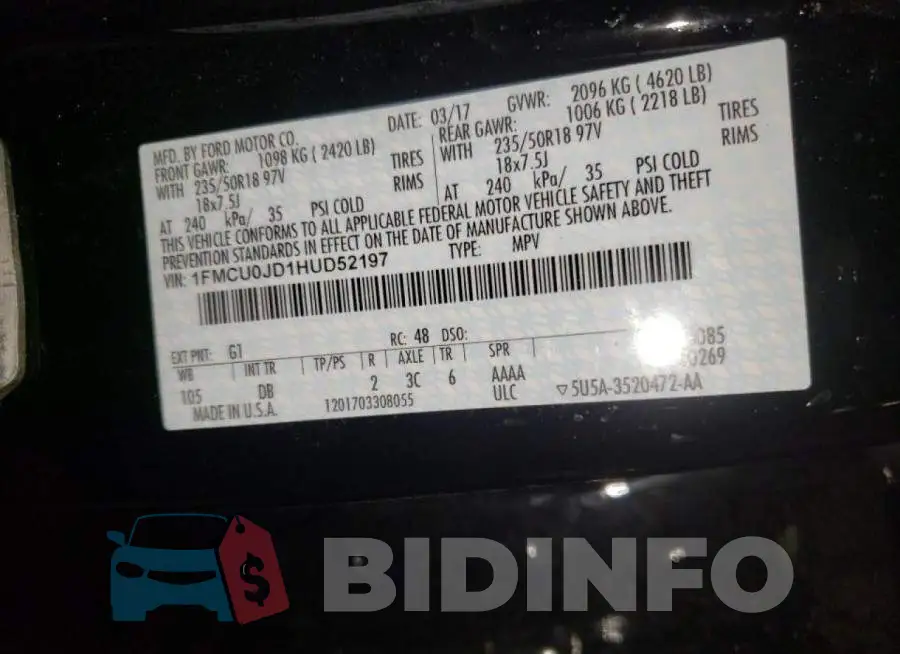 1FMCU0JD1HUD52197 Photo# 10