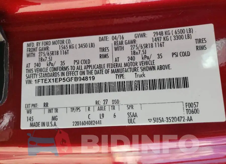 1FTEX1EP5GFB94819 Photo# 10