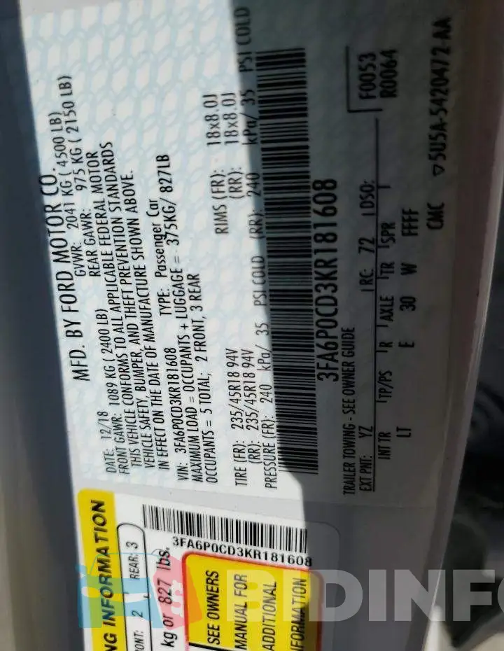 3FA6P0CD3KR181608 Photo# 10