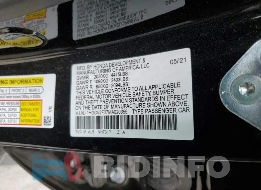 1HGCV2F37MA020355 Photo# 10