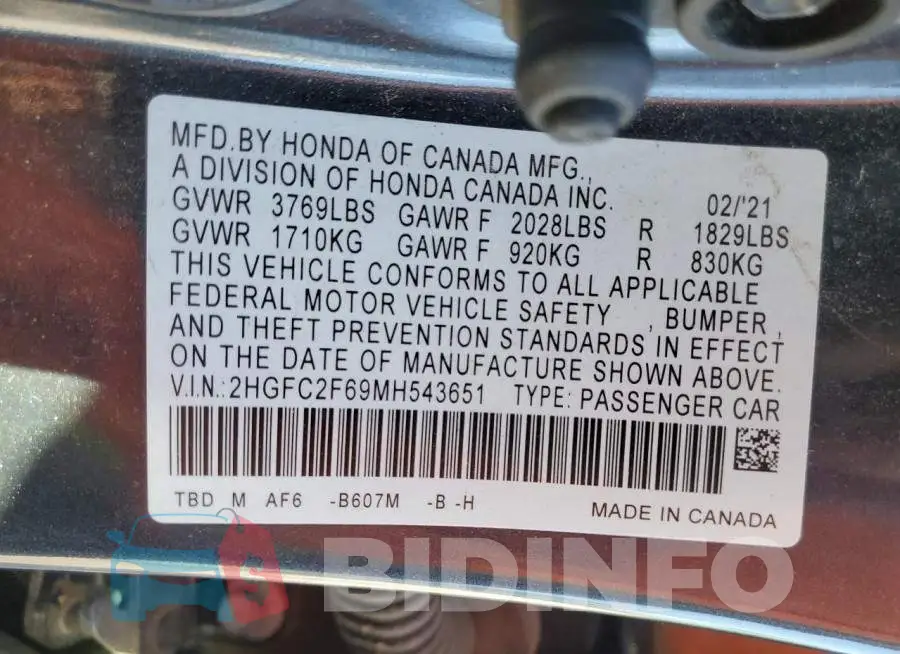 2HGFC2F69MH543651 Photo# 10