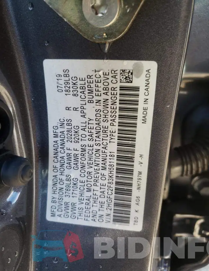 2HGFC2F83KH581181 Photo# 10