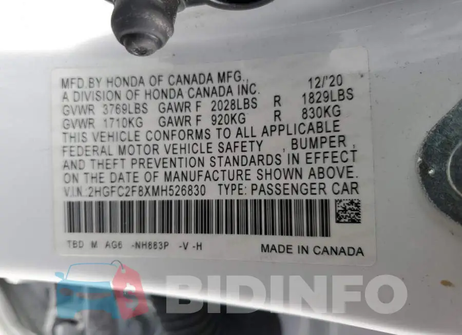 2HGFC2F8XMH526830 Photo# 10
