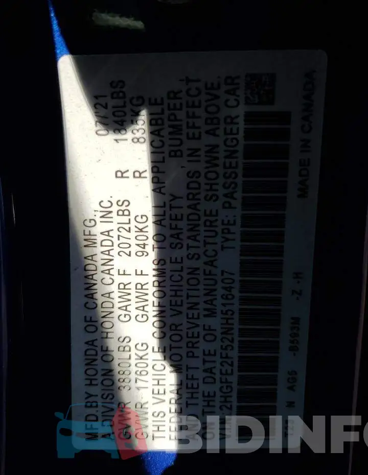 2HGFE2F52NH516407 Photo# 10