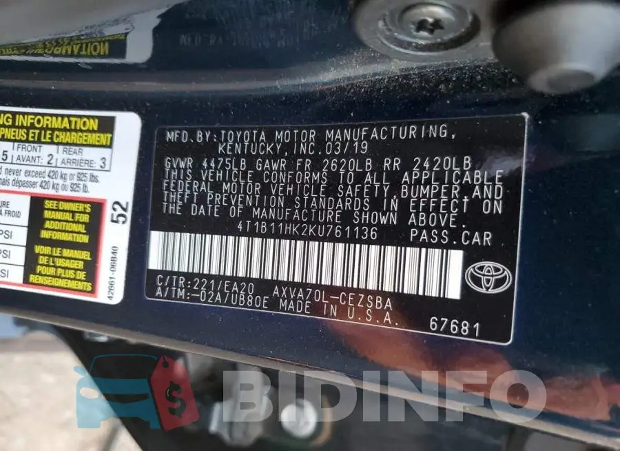 4T1B11HK2KU761136 Photo# 10