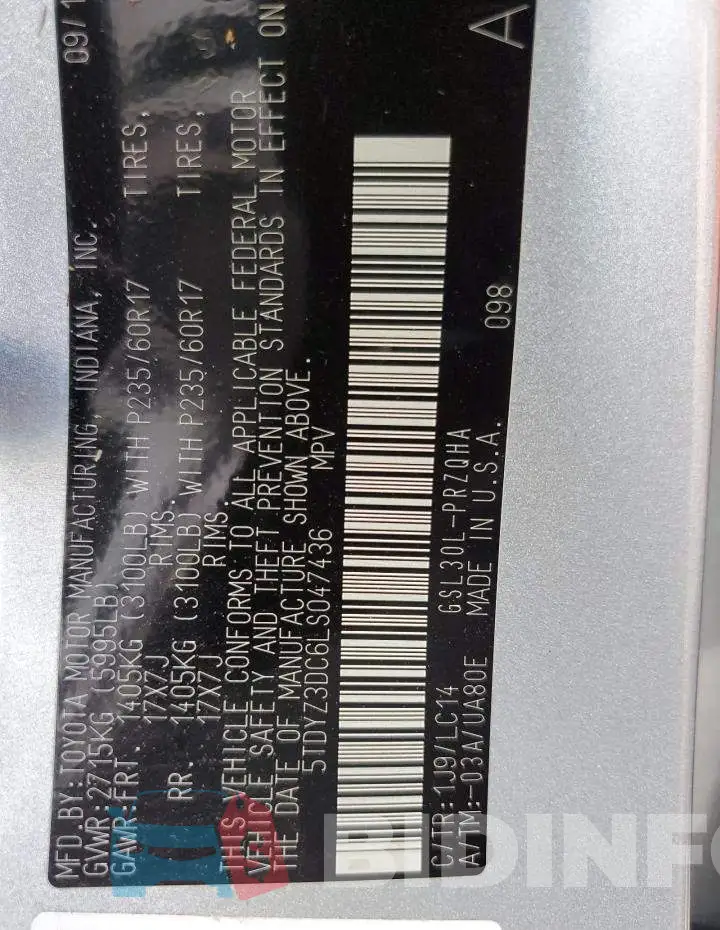 5TDYZ3DC6LS047436 Photo# 10