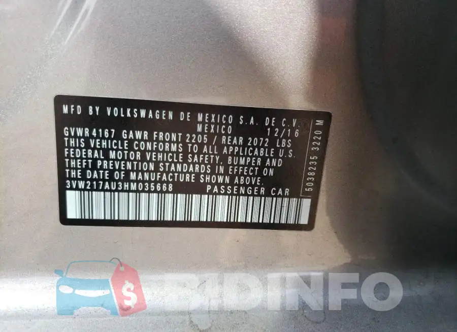 3VW217AU3HM035668 Photo# 9