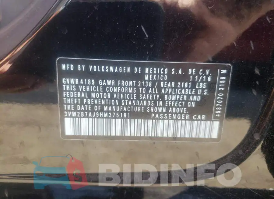 3VW2B7AJ9HM275181 Photo# 10