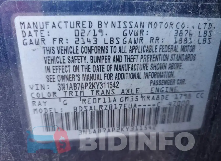 3N1AB7AP2KY311542 Photo# 10