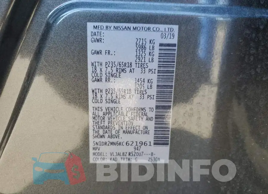 5N1DR2MN6KC621961 Photo# 10