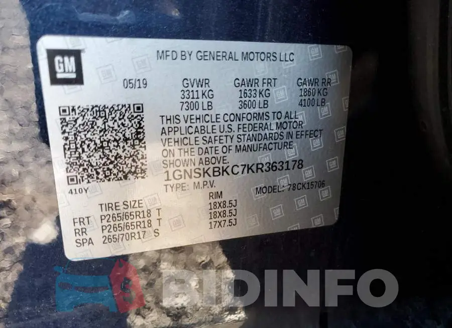 1GNSKBKC7KR363178 Photo# 10