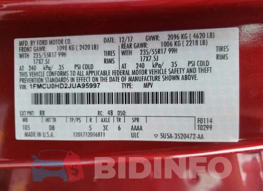 1FMCU0HD2JUA95997 Photo# 10