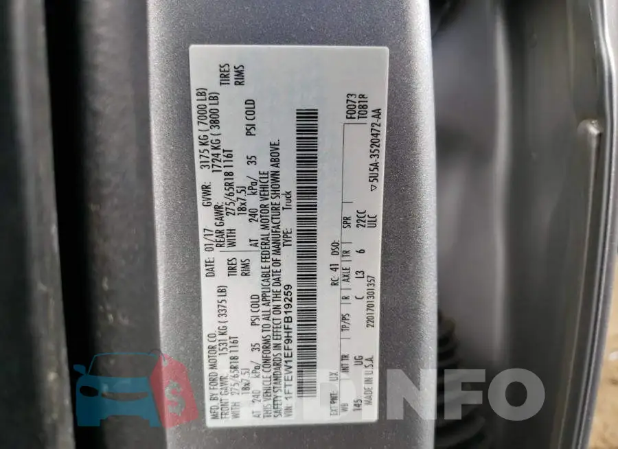 1FTEW1EF9HFB19259 Photo# 10