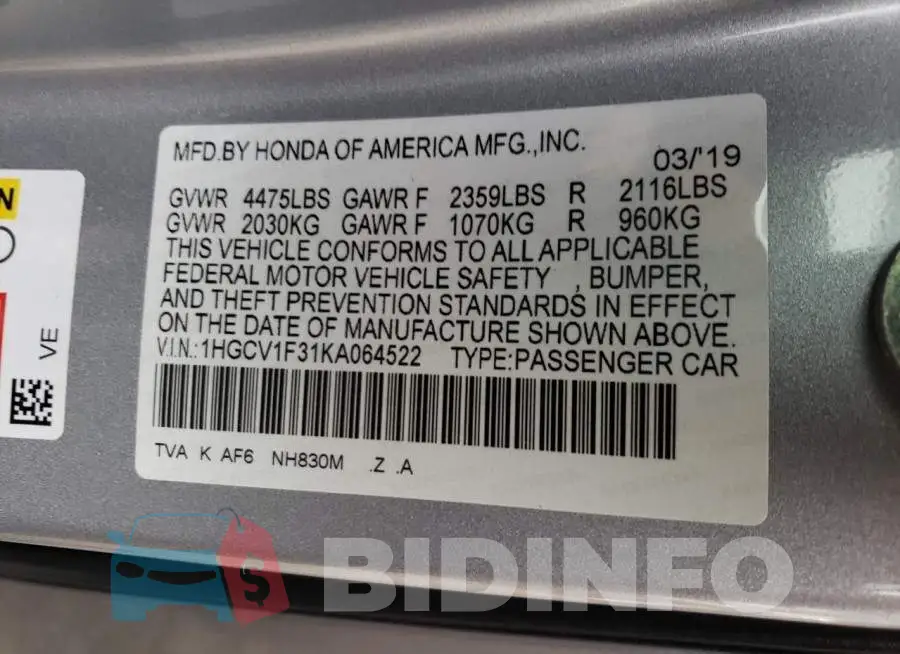 1HGCV1F31KA064522 Photo# 10